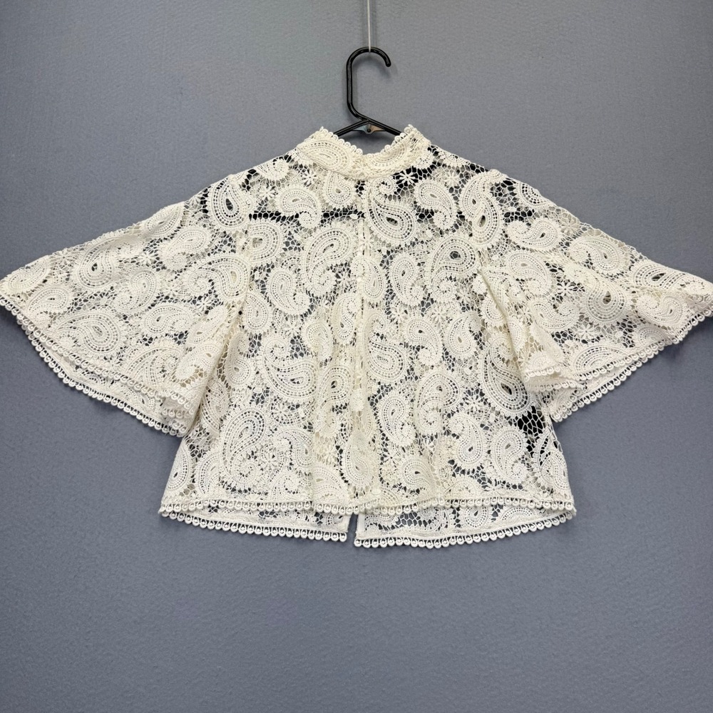 The Kooples Ivory Lace Paisley Mock Neck Cape Blouse Size 1 Cropped Top NEW